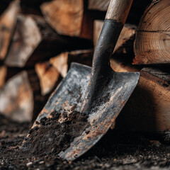Shovel and firewood stack. Shovel and Firewood Stack: Close-up of a Dirty Shovel Leaning Against a Pile of Wood Logs for Winter Heating