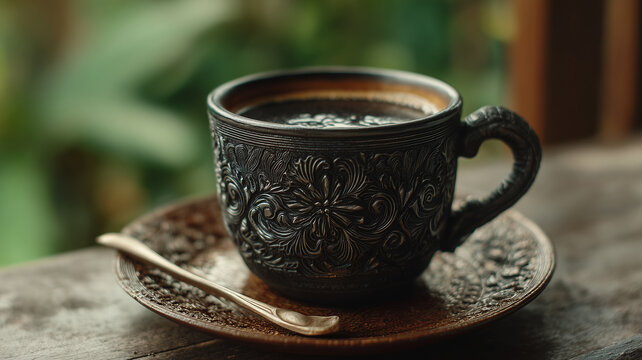 A cup of hot coffee on a table with a saucer and spoon in a cozy cafe atmosphere.