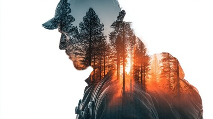 Double exposure photography of close up traveller and the tranquil forest, nature, adventure, forest, man, hiking, backpack, young, lifestyle, tourist, outdoors