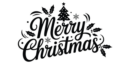  Merry Christmas hand lettering typography with decorative ornaments and festive elements isolated on white background, elegant holiday calligraphy vector for greeting card, poster and celebration de © VectorCraze