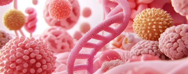 Microbial World with DNA Helix and Colorful Cells in Pink Background