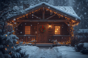 Cozy Wooden Log Cabin Decorated with Christmas Lights and Snow