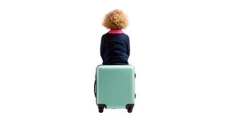 Child sitting on green suitcase isolated on white background