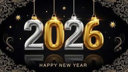 Happy New Year 2026 celebration with shiny gold and silver ornaments