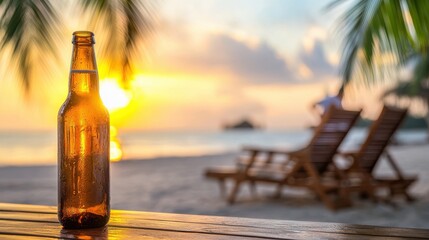 Sunset Over Beach with Beer Bottle and Lounge Chairs in Background