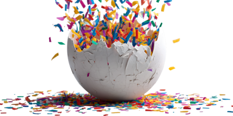 Broken egg revealing colorful confetti isolated on white background
