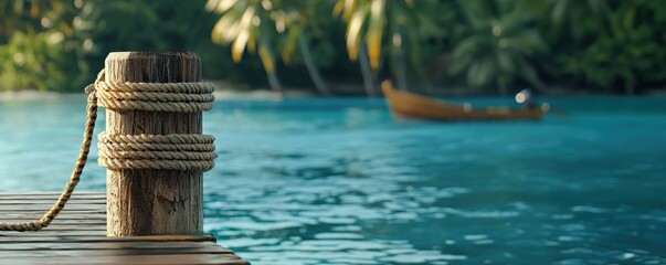 Tranquil Dock with Mooring Post in Tropical Paradise Setting