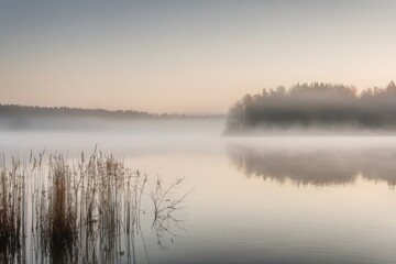 Tranquil misty lake with reeds and forest island reflection at dawn - Serene minimalist nature landscape for peace and meditation concept background
