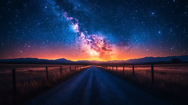 Dirt road under starry sky and colorful Milky Way galaxy night sky stars