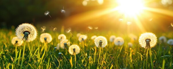 Sunlit Dandelions in a Meadow During a Bright Summer Evening