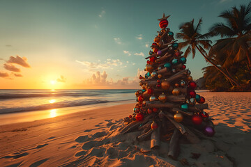 Tropical Christmas Driftwood Tree on Beach at Sunset