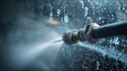 Car wash spray nozzles emit high-pressure water with powerful jets of water and mist.
