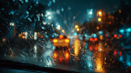 The car's windshield wipers move during heavy rain with raindrops splashing onto the glass.