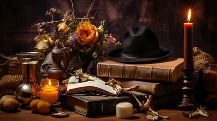 Gothic vintage still life with black fedora hat, flowers, old books and candles