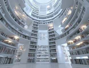 Modern library interior with curved white bookshelves filled with books.