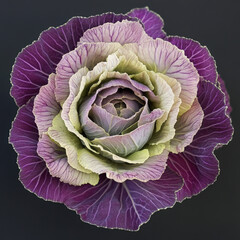 Purple green ornamental cabbage top view on dark background

