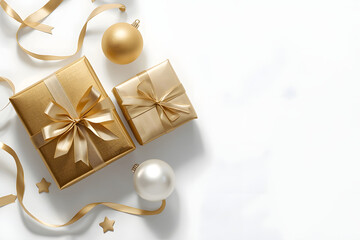 Minimalist Gold Christmas Gifts and Ornaments on White Background