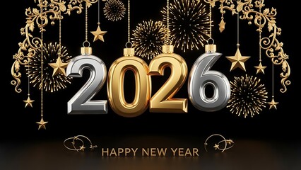 Happy New Year 2026 celebration with golden and silver ornaments