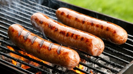Grilled Sausages on BBQ Grill with Flames and Smoke