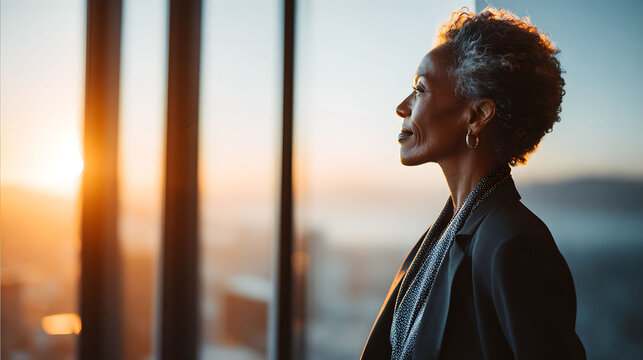 Senior businesswoman looking out window at sunset