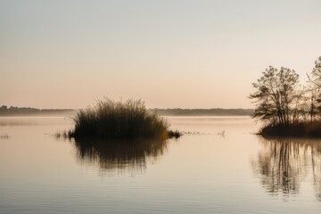 Calm lake at sunrise with small island of reeds and distant trees, peaceful water reflection landscape in warm pastel light, minimal nature scene with copy space