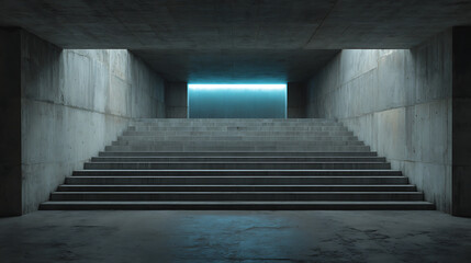 Minimalist concrete staircase ascending toward glowing blue light portal in brutalist underground space, modern architectural visualization