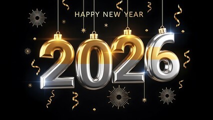 Celebrate 2026 with shiny gold and silver numbers on black background