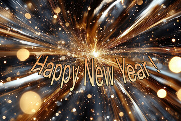 Happy New Year greetings on a shimmering fireworks background