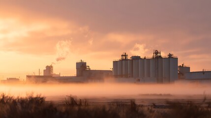 Industrial plant shrouded in morning fog at sunrise with plumes of steam rising
