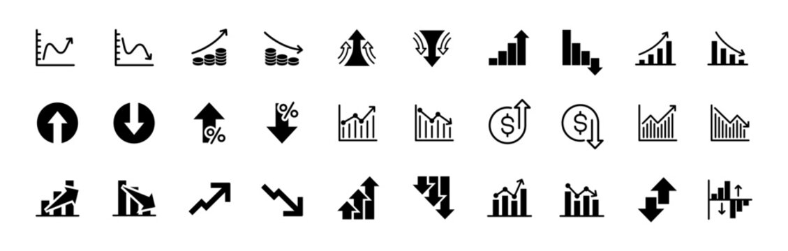 Increase and Decrease icon set. Business growth and fall graph symbol. Vector illustration.