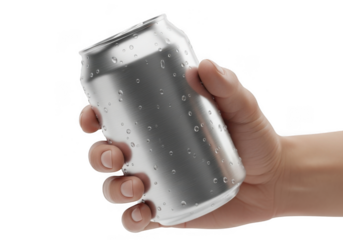 Hand holding a cold drink can isolated on transparent background