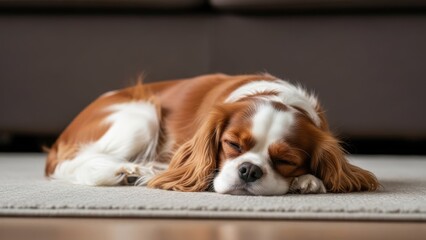 A Cozy Canine Dream: A Cavalier King Charles Spaniel dog drifts into a peaceful slumber on a soft carpet, its relaxed pose and closed eyes capturing a moment of serenity and comfort.