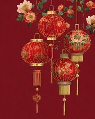 Lunar New Year greeting card illustration with elegant lanterns and horse zodiac centerpiece clean red gold palette copy space