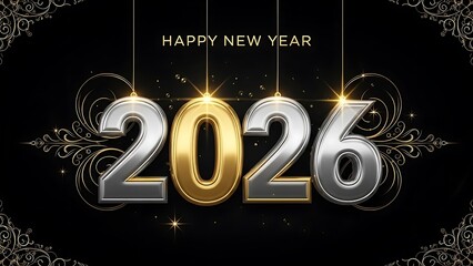 Happy New Year 2026 celebration with shiny gold and silver numbers