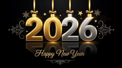 Golden and silver 2026 New Year's Eve celebration with ornaments