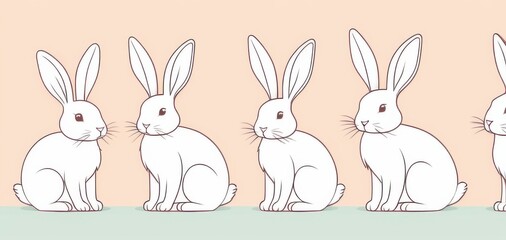 Obraz premium row of white rabbits sitting on pastel background, banner space, concept of pets, easter, spring
