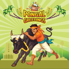 Pongal Greetings with bull and player Traditional Jallikattu game © shunmugam
