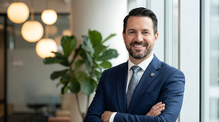 Fototapeta premium a professional man in a suit stands confidently with arms crossed near a window with plants high quality detailed modern elegant