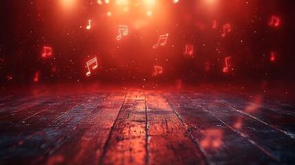 Red glowing musical notes floating above a dark wooden floor image