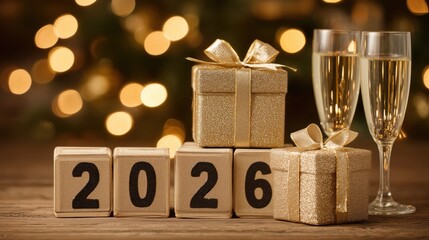 Golden Gift Boxes, Champagne Flutes, and 2026 Numerals on a Wooden Surface with Bokeh Lights in the Background for New Year Celebrations