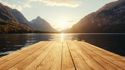 Serene Sunset Over Lake from a Wooden Dock Surrounded by Mountains