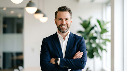 Fototapeta premium A professional businessman with a warm smile stands confidently in a modern office setting with plants high quality detailed elegant stylish