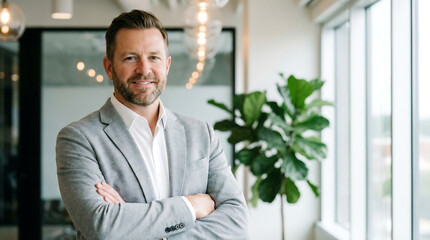 A handsome man with a beard and gray suit is standing confidently indoors with a plant nearby high quality professional detailed