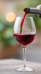 Red wine pouring into glass with elegant table reflection