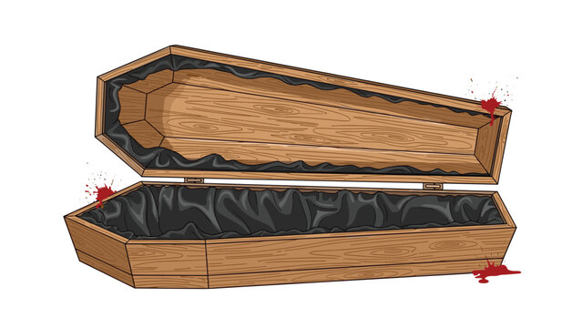 A wooden, open coffin with black satin lining and blood splatters, illustrated in a vintage, hand-drawn horror style.