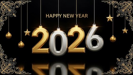 Happy New Year 2026 gold and silver ornaments on black background