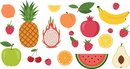 Flat fruit collection featuring pineapple banana apple watermelon berries and citrus vector illustration