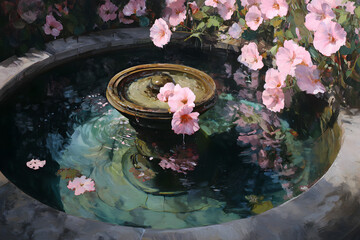 a painting of a fountain with flowers in it