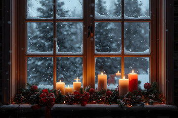 Cozy Christmas Window Sill Decor with Candles and Snow