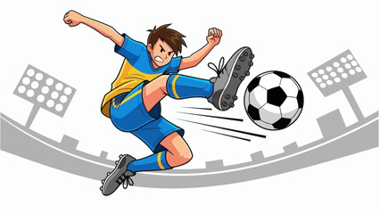 Fototapeta premium Dynamic Soccer Player Kicking Ball in Stadium Setting.